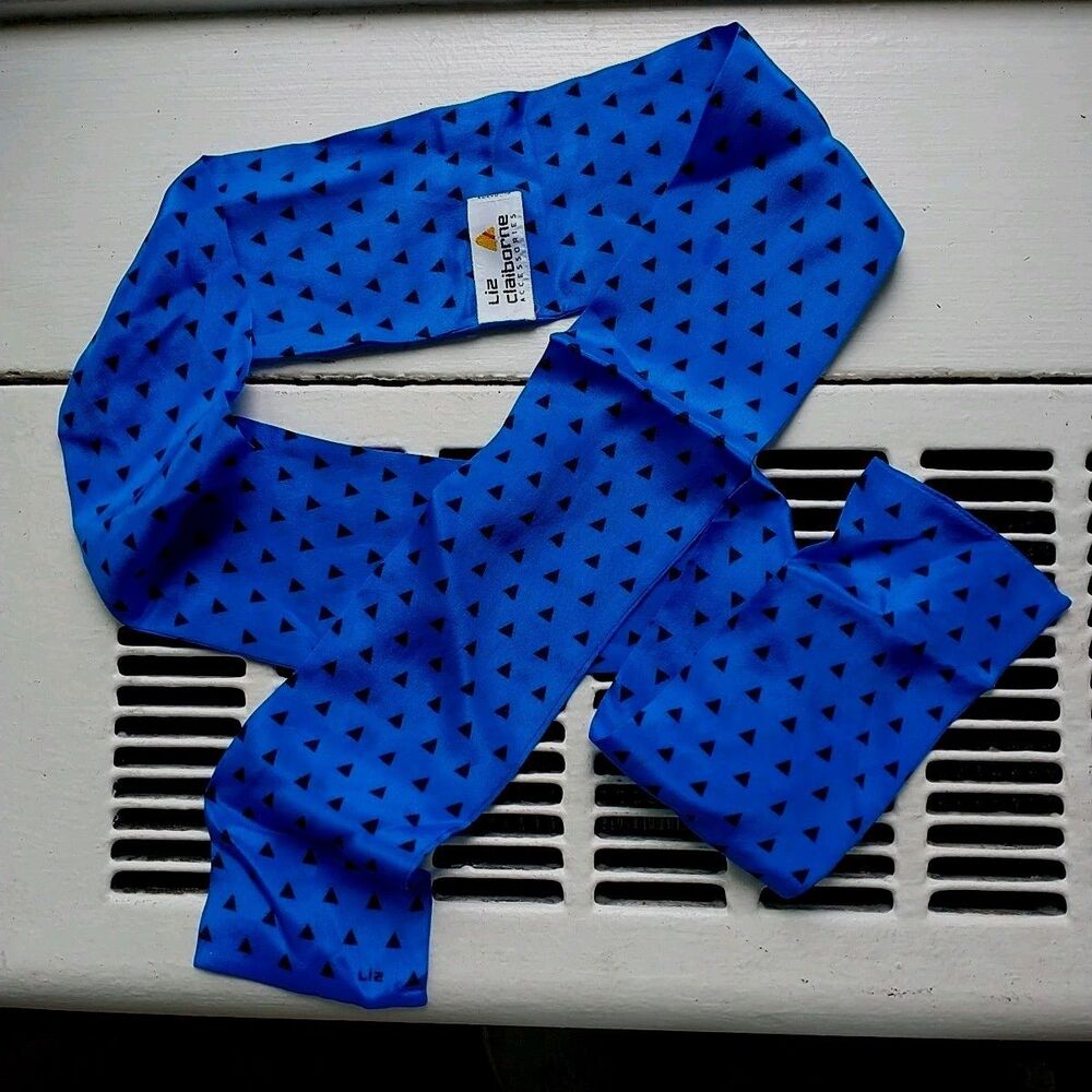 Liz Claiborne Scarf Womens Royal Blue Black Triangles Geometric 100% Silk Japan